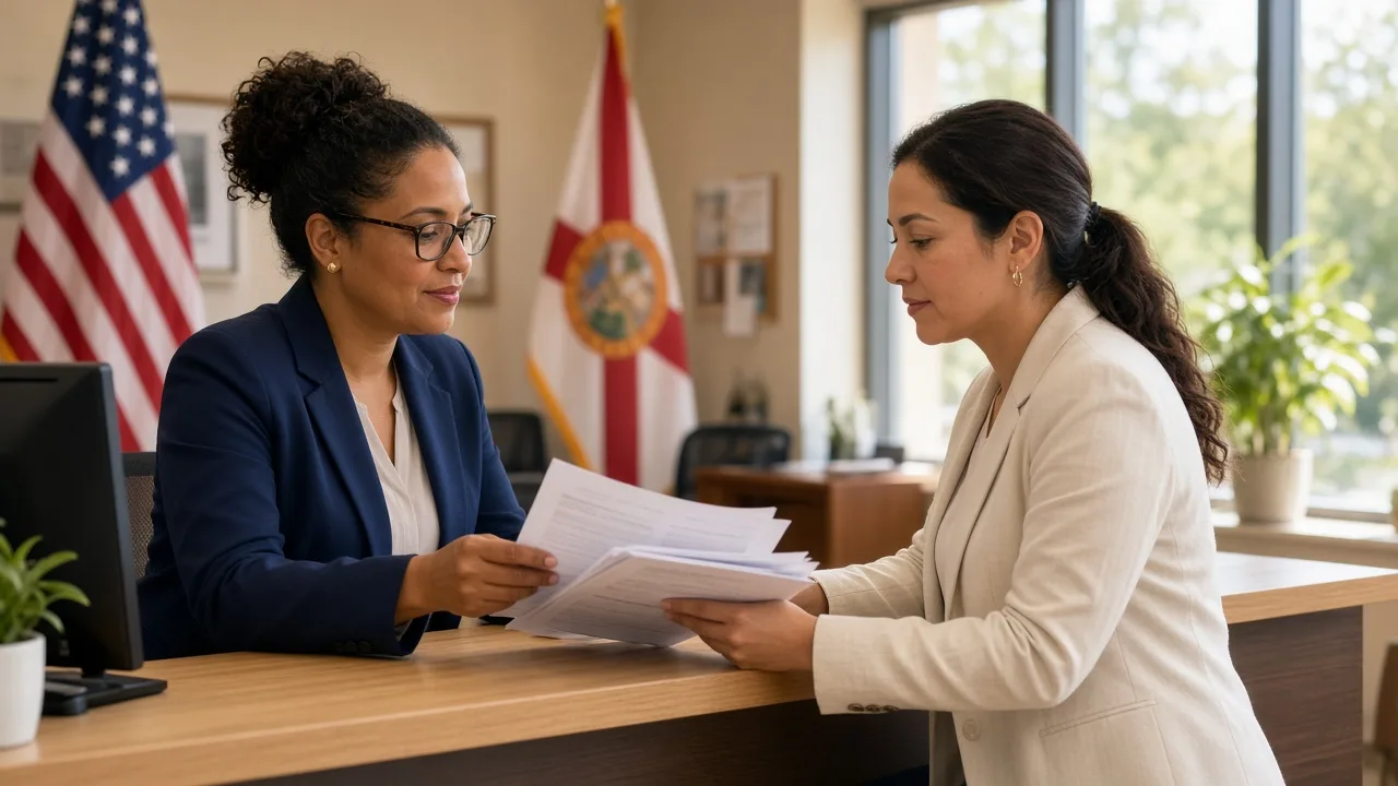 Florida paraprofessional test: a county HR specialist and applicant review district hiring packets in a sunlit school-district office