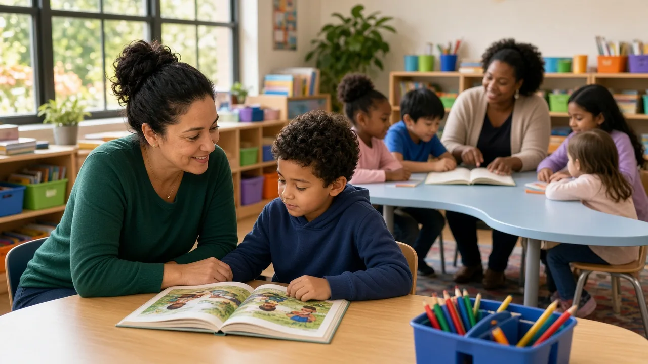 Title I paraeducator kneeling beside an elementary student at a reading table while a certified teacher leads a nearby small group