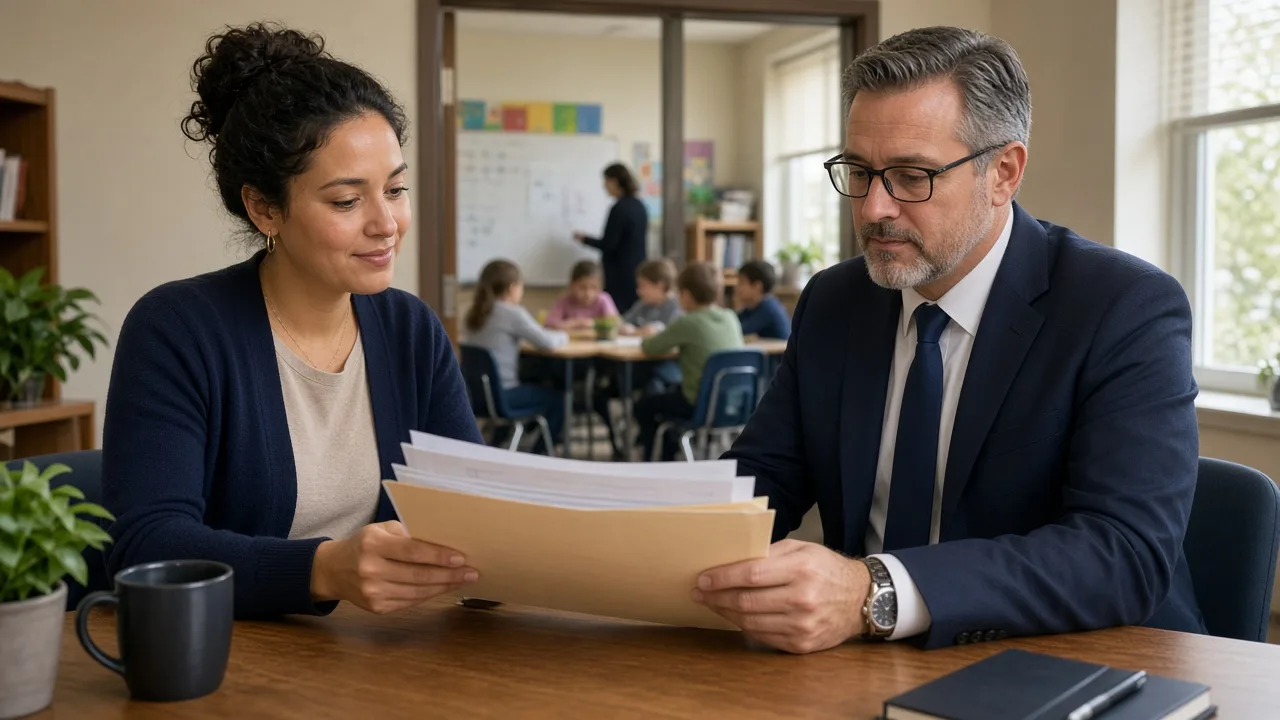 ELS-PARA: an Illinois paraprofessional and principal review a license folder before a classroom