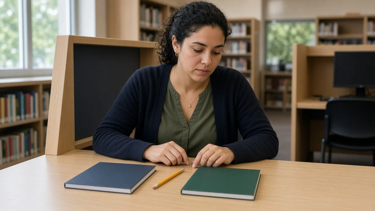 Candidate comparing two closed exam booklets while choosing between ParaPro and WorkKeys