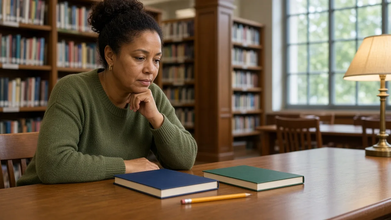 Adult learner comparing two closed exam booklets while choosing a replacement assessment