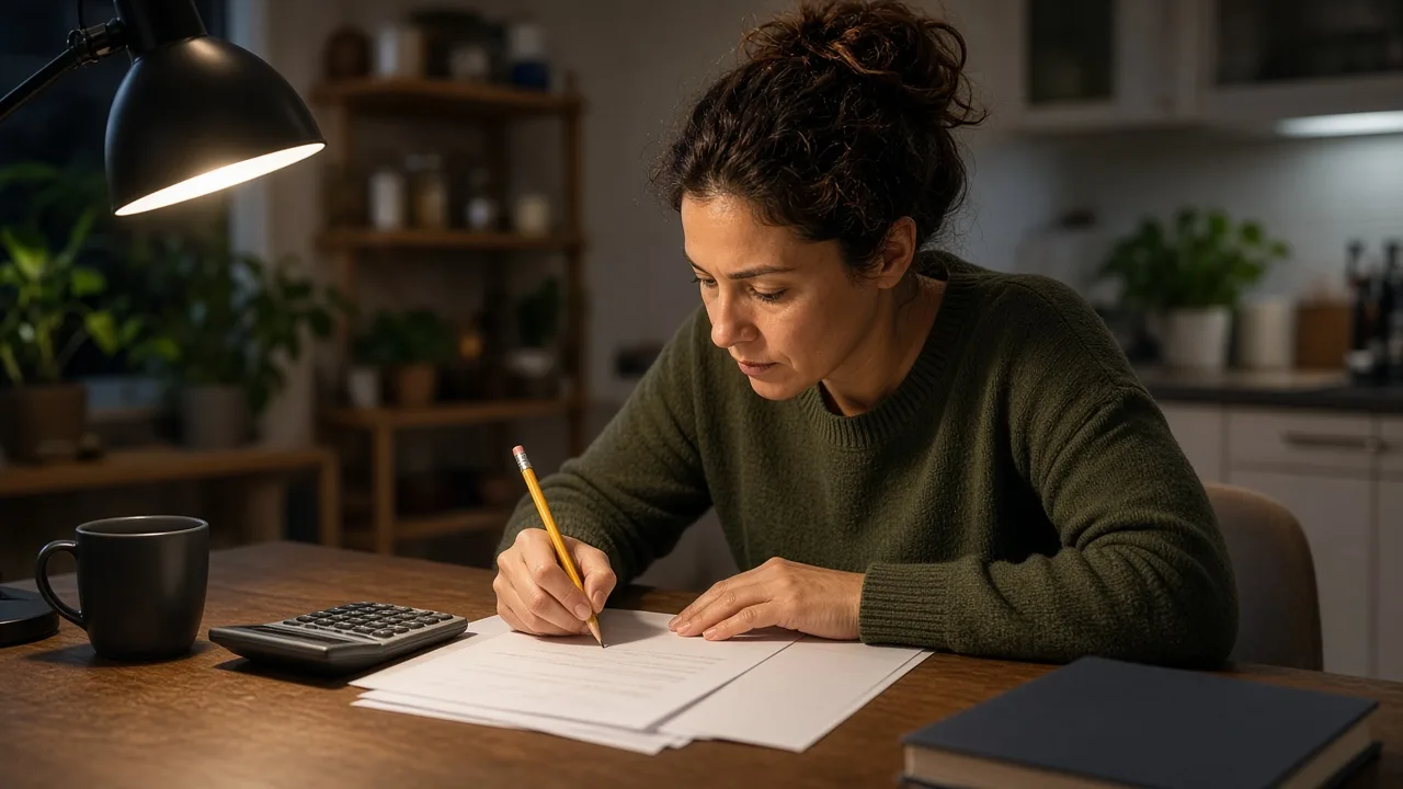 Adult learner practicing timed paper math with a closed calculator while preparing for a 456 cutoff