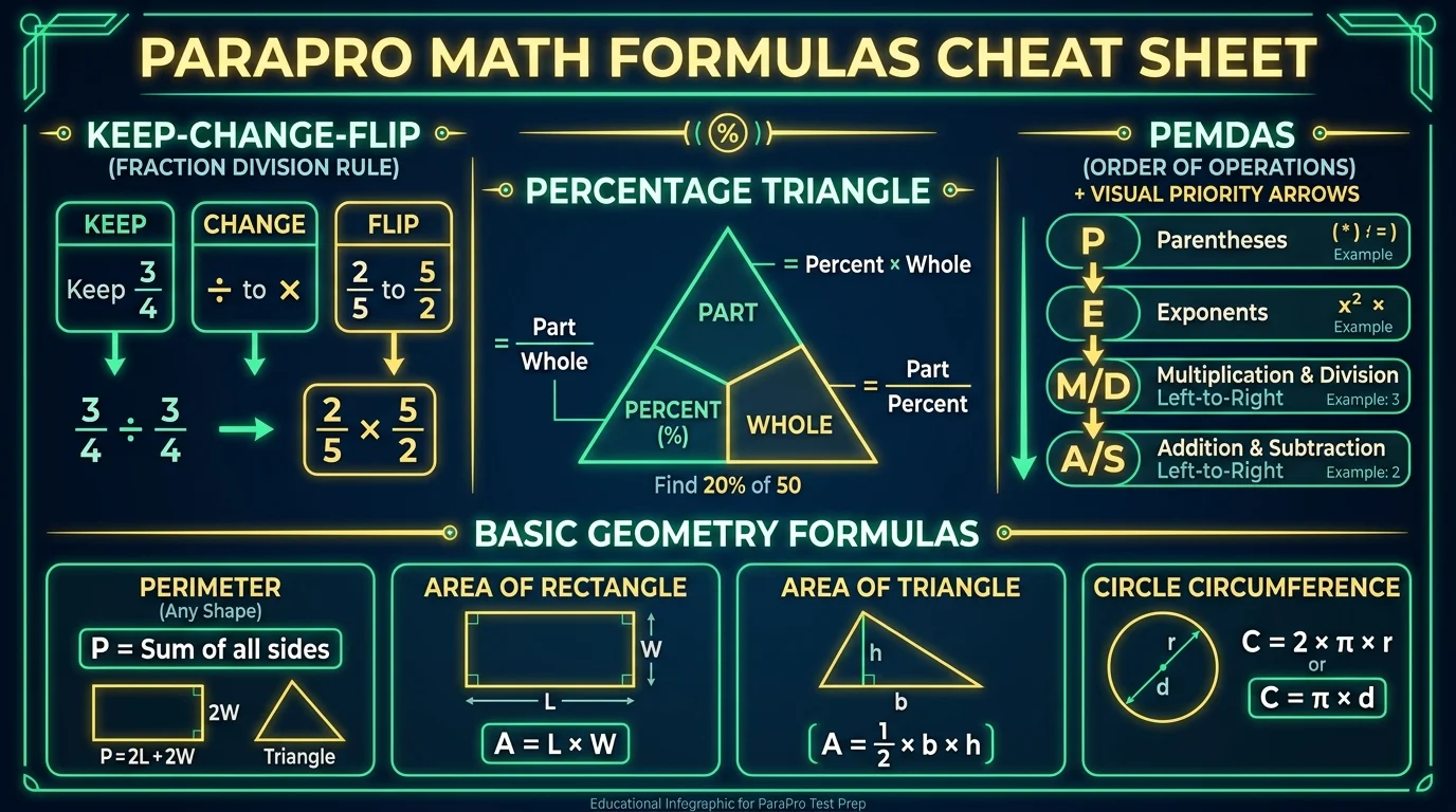 ParaPro Math Subtest Formula Cheat Sheet with Keep Change Flip, PEMDAS order of operations, and perimeter area equations
