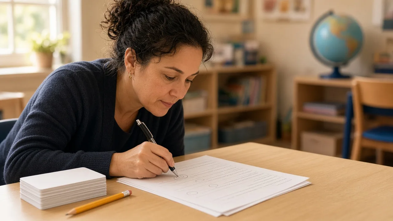Parts of speech study guide: a paraeducator marks word labels on a student worksheet