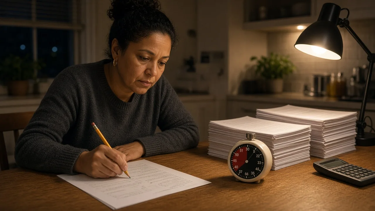 ParaPro practice test: an adult learner sits a timed paper exam with a closed calculator and a kitchen timer
