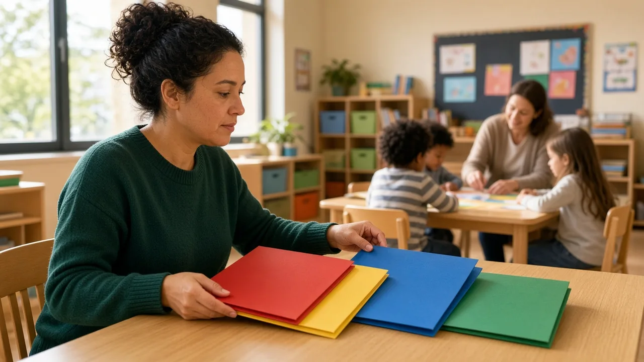 Paraeducator sorting three folders for reading, mathematics, and writing practice
