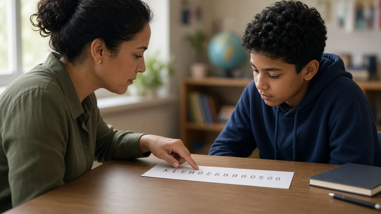 Teacher and student looking at a sentence where one short word sits in front of a noun