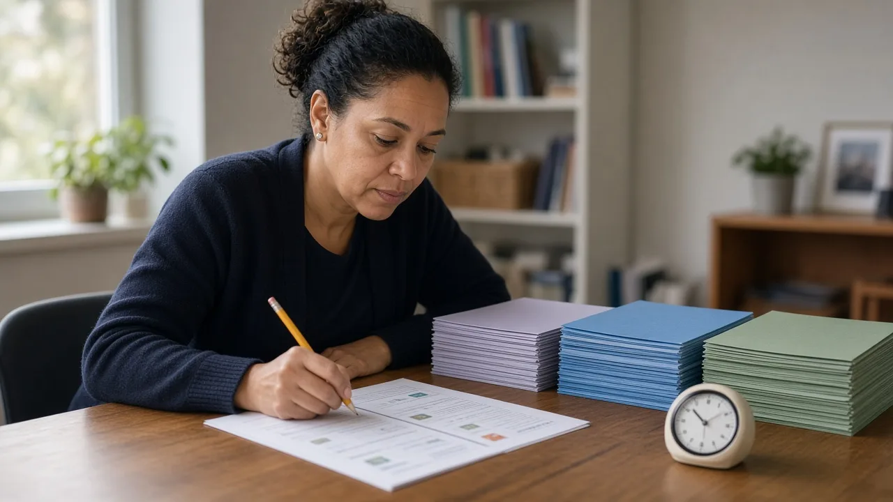 Paraeducator marking a three-column study plan for reading, mathematics, and writing