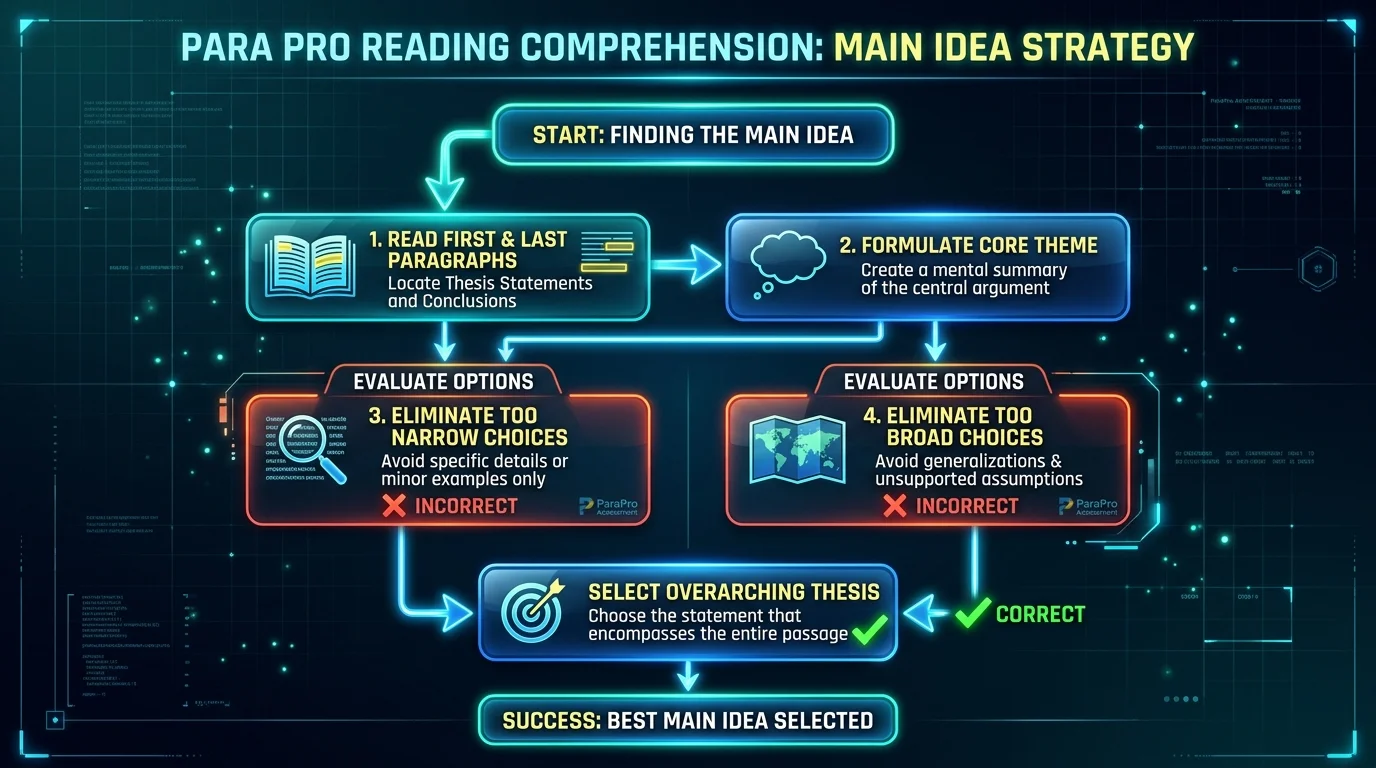 Reading Comprehension Main Idea vs Supporting Detail Elimination Strategy Flowchart for ParaPro Test Takers