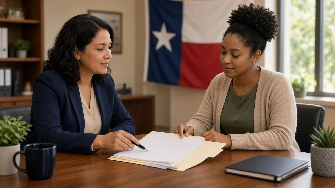 Texas paraprofessional exam: a district coordinator and an applicant review an educational aide hiring folder