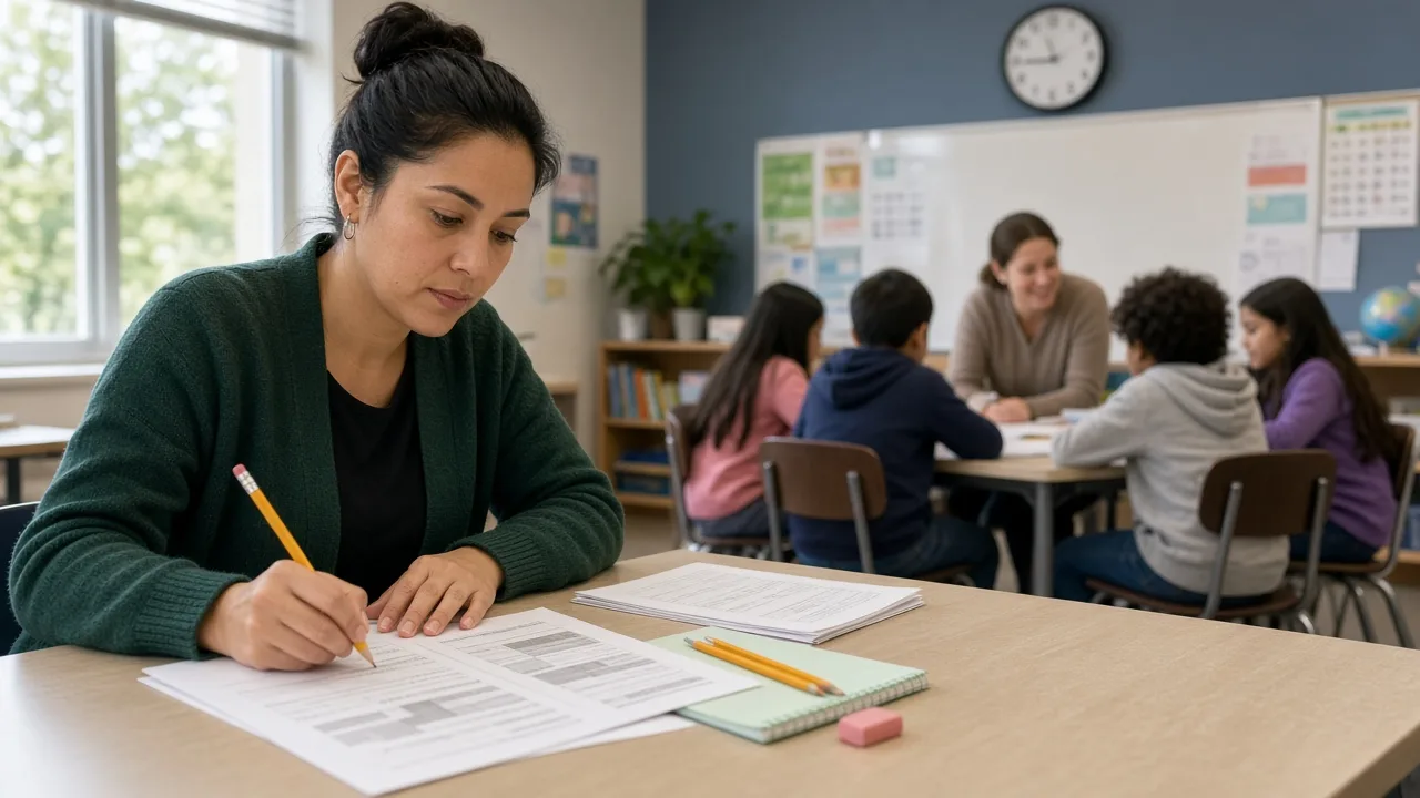 Instructional assistant practicing timed reading and math items at a classroom side table while a teacher leads a small group